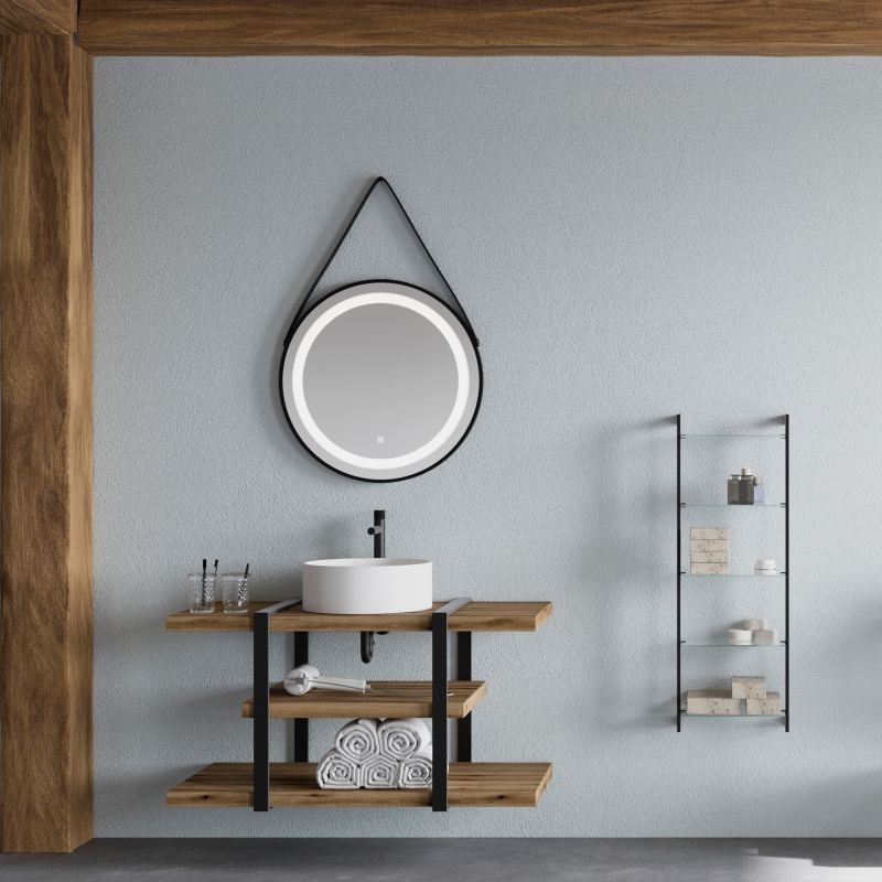 Savinidue Specchio rotondo con illuminazione led e Cornice in pelle diametro 60 cm