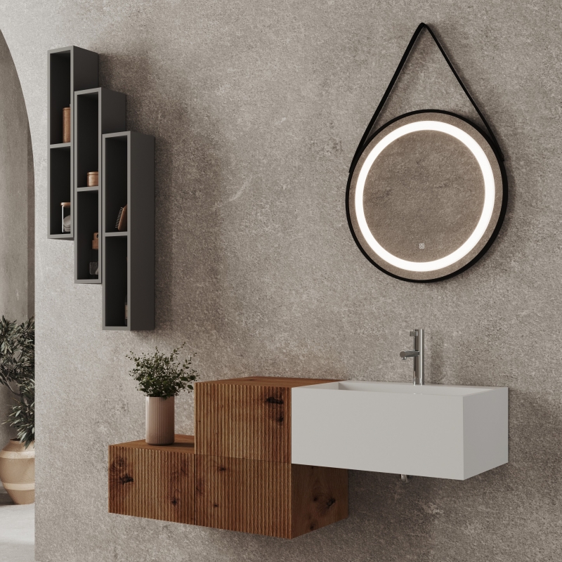 Savinidue Specchio rotondo con illuminazione led e Cornice in pelle diametro 60 cm